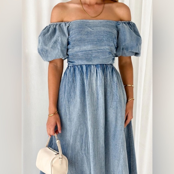 Off-Shoulder Balloon Sleeve Denim Dress - Picture 4 of 5